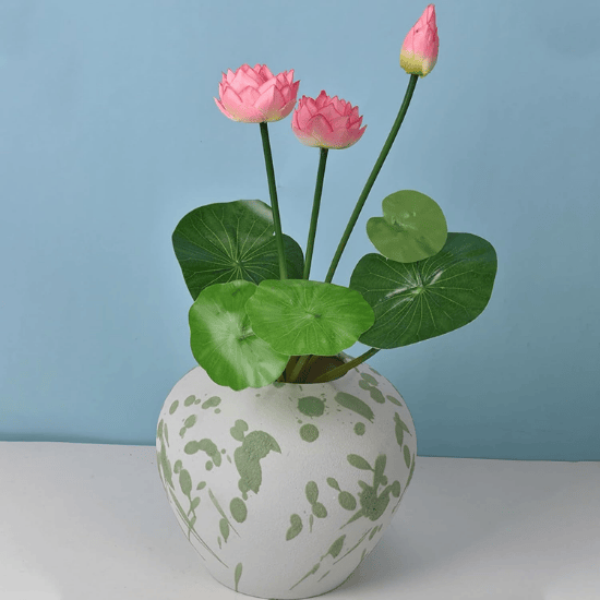 Set of 2 Mini Artificial Lotus Flower Stems with Leaves – 17” Silk Lotus for Vase & Wedding Décor